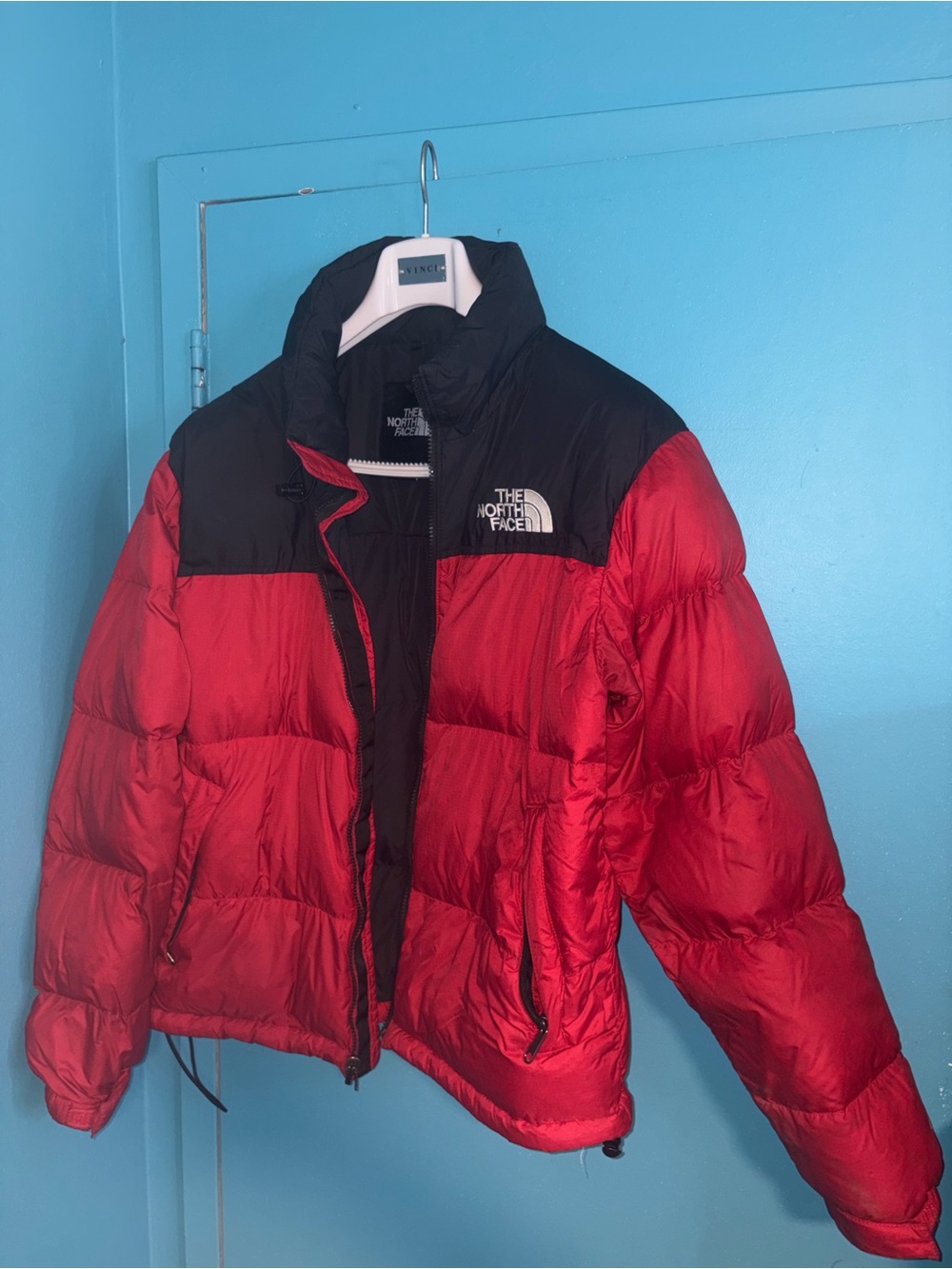 The North Face Men's Red and Black Puffer Jacket *damages*